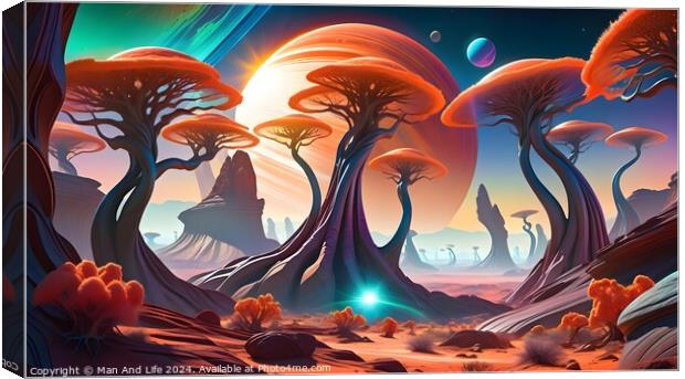 Surreal alien landscape with vibrant colors, featuring fantastical trees, distant mountains, and multiple moons against a sunset sky. Canvas Print by Man And Life
