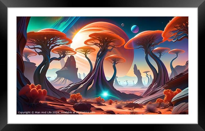 Surreal alien landscape with vibrant colors, featuring fantastical trees, distant mountains, and multiple moons against a sunset sky. Framed Mounted Print by Man And Life