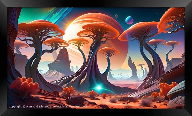 Surreal alien landscape with vibrant colors, featuring fantastical trees, distant mountains, and multiple moons against a sunset sky. Framed Print by Man And Life