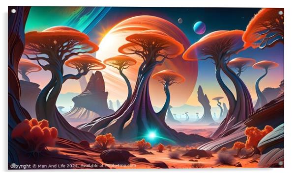 Surreal alien landscape with vibrant colors, featuring fantastical trees, distant mountains, and multiple moons against a sunset sky. Acrylic by Man And Life