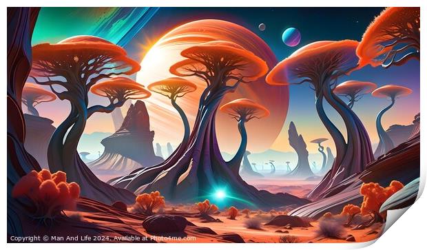 Surreal alien landscape with vibrant colors, featuring fantastical trees, distant mountains, and multiple moons against a sunset sky. Print by Man And Life