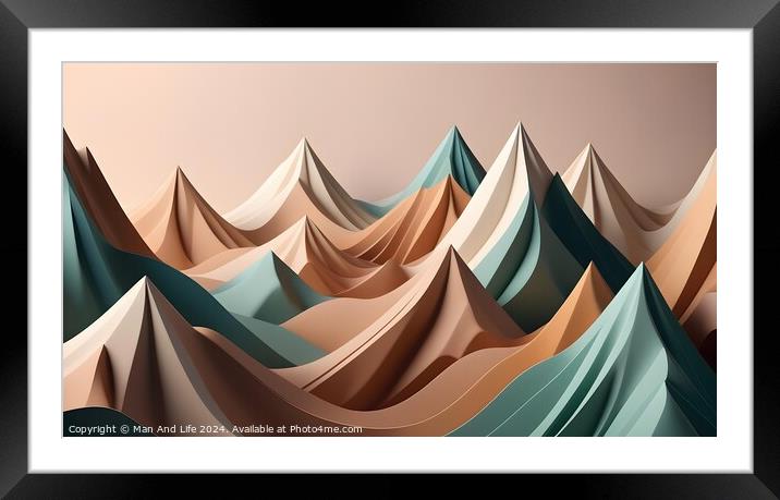 Abstract geometric landscape with stylized mountains in pastel tones. Suitable for backgrounds or wall art. Framed Mounted Print by Man And Life
