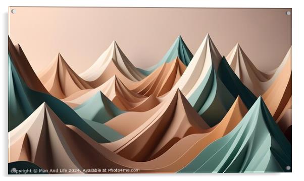 Abstract geometric landscape with stylized mountains in pastel tones. Suitable for backgrounds or wall art. Acrylic by Man And Life
