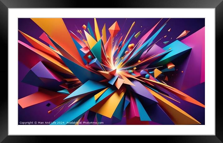 Vibrant abstract explosion of shapes and colors on a dynamic purple background, suitable for creative or energetic themes. Framed Mounted Print by Man And Life