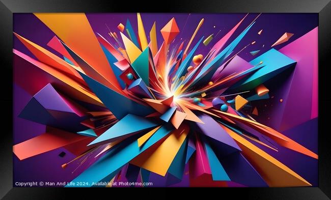 Vibrant abstract explosion of shapes and colors on a dynamic purple background, suitable for creative or energetic themes. Framed Print by Man And Life