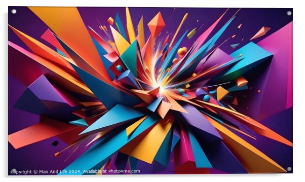 Vibrant abstract explosion of shapes and colors on a dynamic purple background, suitable for creative or energetic themes. Acrylic by Man And Life
