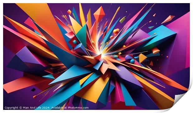 Vibrant abstract explosion of shapes and colors on a dynamic purple background, suitable for creative or energetic themes. Print by Man And Life