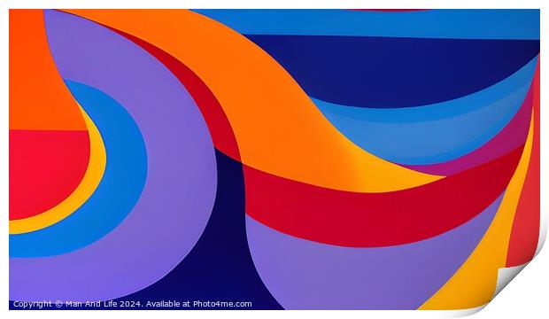 Abstract colorful background with vibrant waves and curves in blue, orange, and purple tones. Print by Man And Life