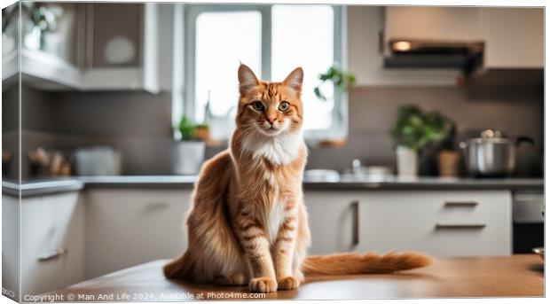a beautiful cat sitting on the table in the kitchen Canvas Print by Man And Life