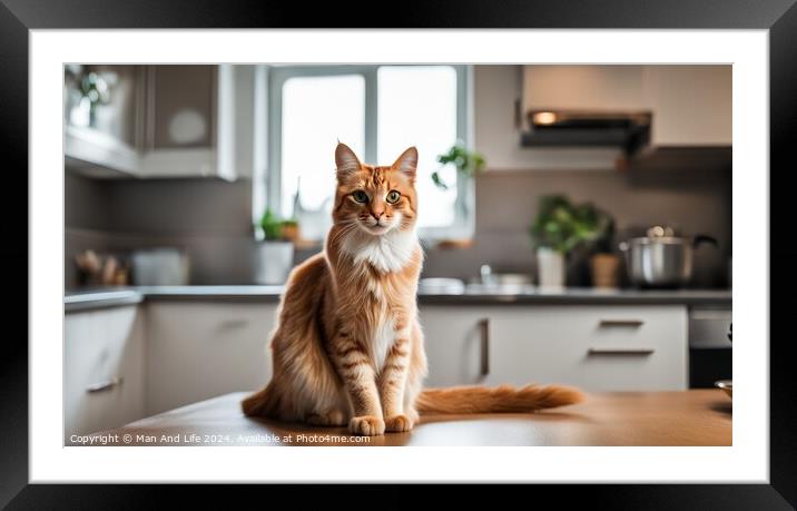 a beautiful cat sitting on the table in the kitchen Framed Mounted Print by Man And Life