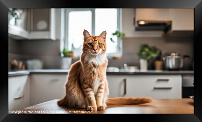 a beautiful cat sitting on the table in the kitchen Framed Print by Man And Life