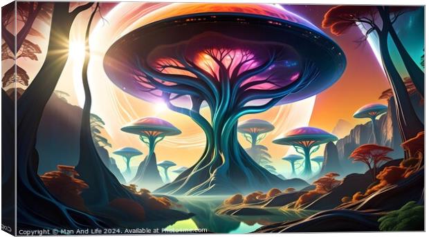 Vibrant alien landscape with luminescent mushroom-like trees, ethereal fog, and a colorful sky suggesting an otherworldly sunset or sunrise. Canvas Print by Man And Life