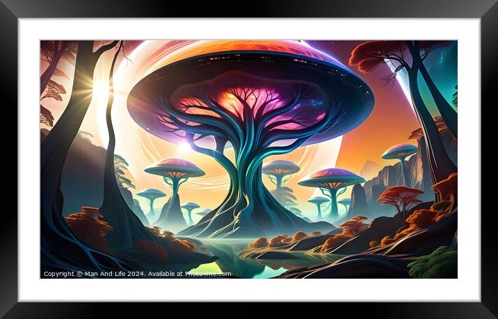 Vibrant alien landscape with luminescent mushroom-like trees, ethereal fog, and a colorful sky suggesting an otherworldly sunset or sunrise. Framed Mounted Print by Man And Life