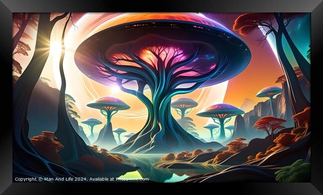 Vibrant alien landscape with luminescent mushroom-like trees, ethereal fog, and a colorful sky suggesting an otherworldly sunset or sunrise. Framed Print by Man And Life