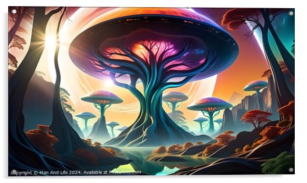 Vibrant alien landscape with luminescent mushroom-like trees, ethereal fog, and a colorful sky suggesting an otherworldly sunset or sunrise. Acrylic by Man And Life