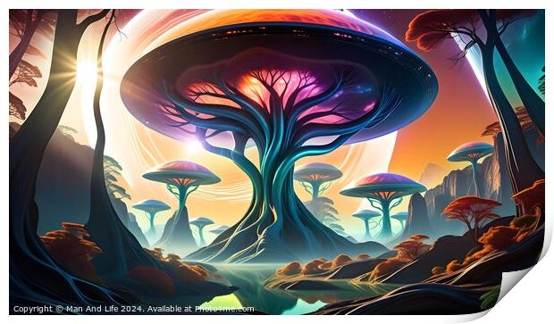 Vibrant alien landscape with luminescent mushroom-like trees, ethereal fog, and a colorful sky suggesting an otherworldly sunset or sunrise. Print by Man And Life
