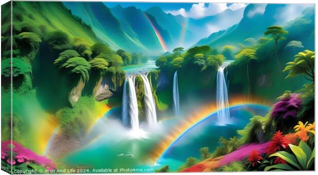 Vibrant tropical landscape with waterfalls and a rainbow, lush greenery, and colorful flowers. Canvas Print by Man And Life