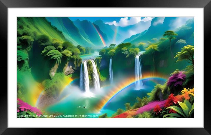 Vibrant tropical landscape with waterfalls and a rainbow, lush greenery, and colorful flowers. Framed Mounted Print by Man And Life