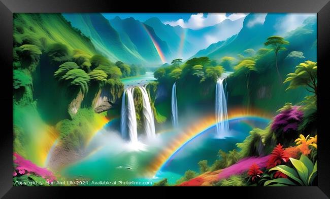Vibrant tropical landscape with waterfalls and a rainbow, lush greenery, and colorful flowers. Framed Print by Man And Life