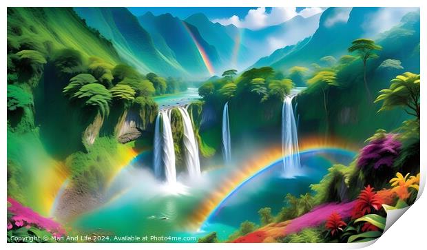 Vibrant tropical landscape with waterfalls and a rainbow, lush greenery, and colorful flowers. Print by Man And Life