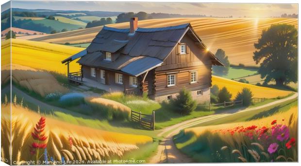 Idyllic countryside house with golden wheat fields, vibrant flowers, and a sunset backdrop. Canvas Print by Man And Life