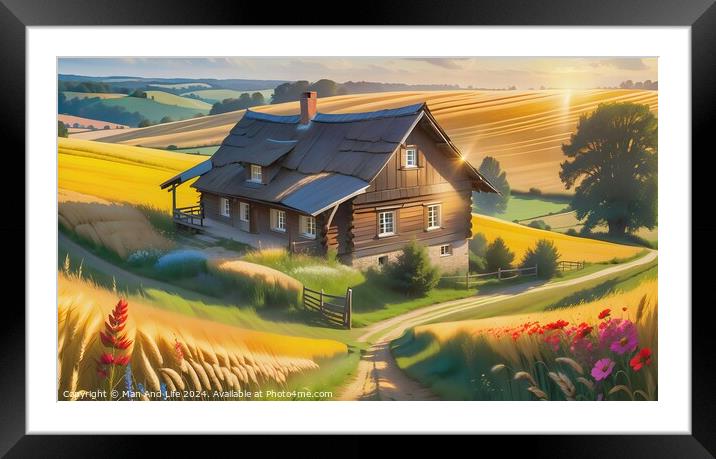 Idyllic countryside house with golden wheat fields, vibrant flowers, and a sunset backdrop. Framed Mounted Print by Man And Life