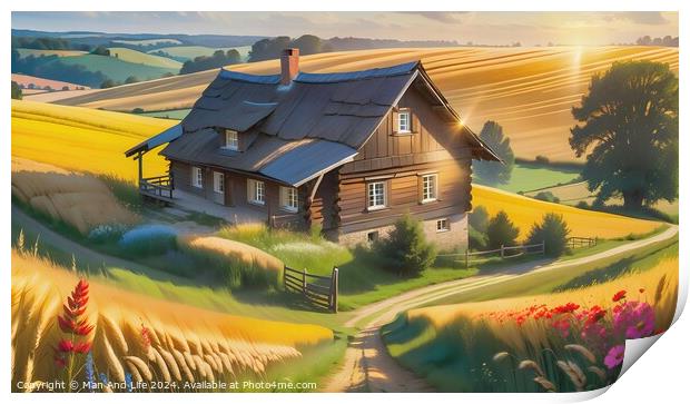 Idyllic countryside house with golden wheat fields, vibrant flowers, and a sunset backdrop. Print by Man And Life