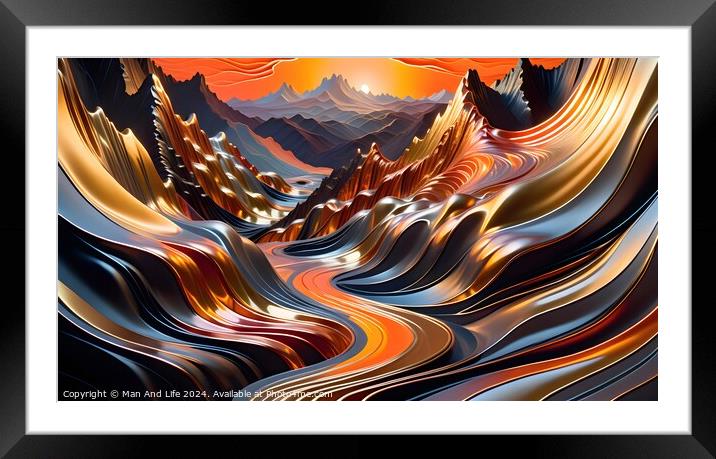 Abstract wavy landscape with vibrant colors, resembling mountains and valleys in a surreal, artistic depiction. Framed Mounted Print by Man And Life