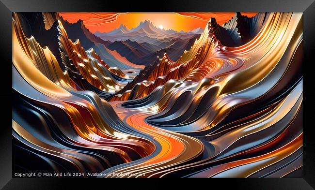 Abstract wavy landscape with vibrant colors, resembling mountains and valleys in a surreal, artistic depiction. Framed Print by Man And Life