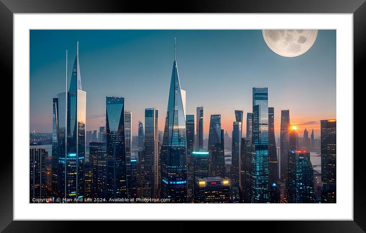 Futuristic city skyline at twilight with skyscrapers and a large moon. Framed Mounted Print by Man And Life