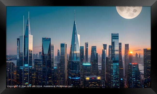 Futuristic city skyline at twilight with skyscrapers and a large moon. Framed Print by Man And Life