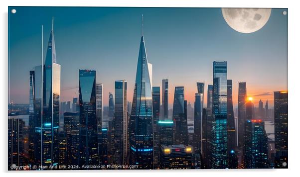Futuristic city skyline at twilight with skyscrapers and a large moon. Acrylic by Man And Life