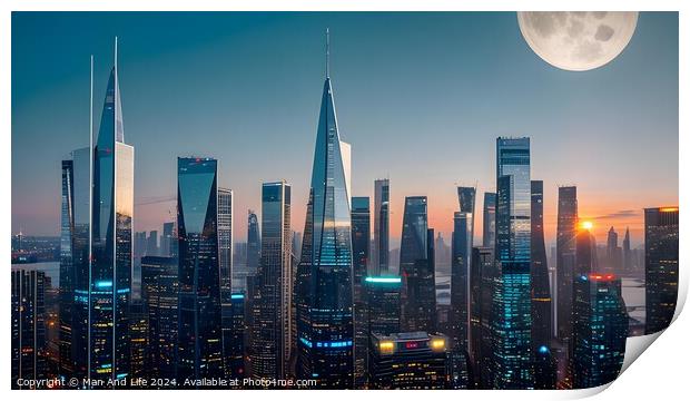 Futuristic city skyline at twilight with skyscrapers and a large moon. Print by Man And Life