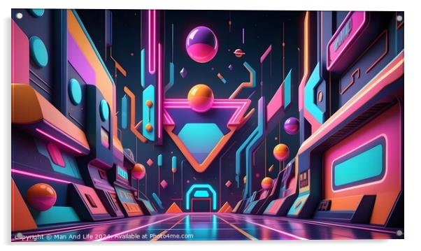 Futuristic neon cityscape with abstract shapes and floating orbs in a vibrant cyberpunk alleyway. Acrylic by Man And Life