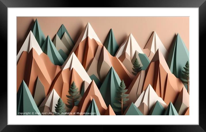 Abstract geometric mountains with trees in a pastel color palette, suitable for modern art and minimalist design backgrounds. Framed Mounted Print by Man And Life