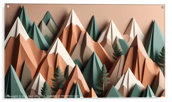 Abstract geometric mountains with trees in a pastel color palette, suitable for modern art and minimalist design backgrounds. Acrylic by Man And Life
