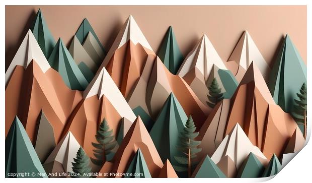 Abstract geometric mountains with trees in a pastel color palette, suitable for modern art and minimalist design backgrounds. Print by Man And Life