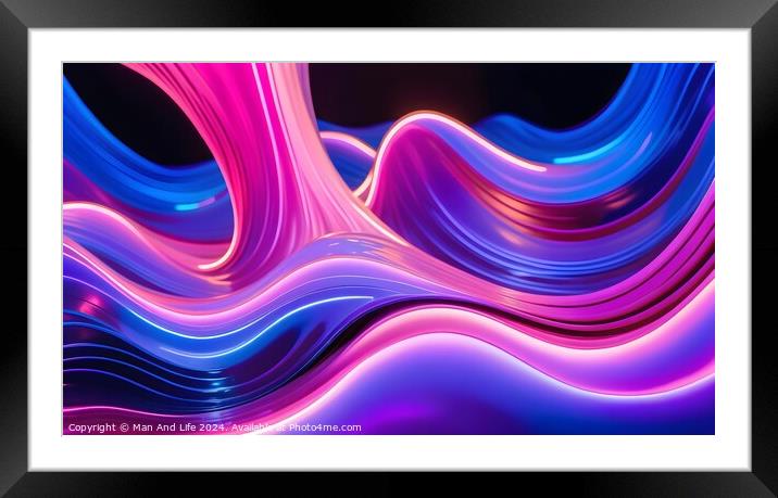 Abstract digital art with flowing pink and blue neon waves on a dark background, suitable for modern design backgrounds or wallpapers. Framed Mounted Print by Man And Life