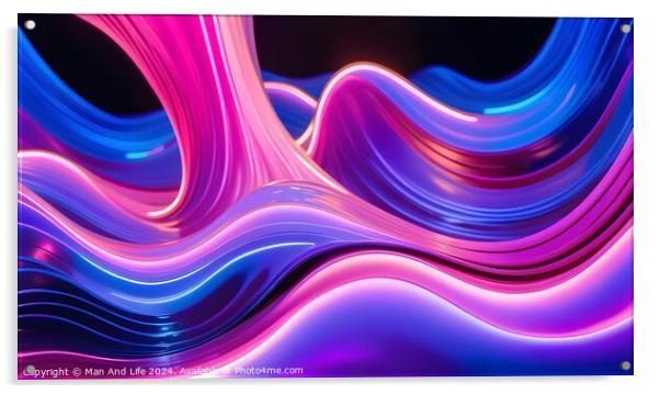 Abstract digital art with flowing pink and blue neon waves on a dark background, suitable for modern design backgrounds or wallpapers. Acrylic by Man And Life