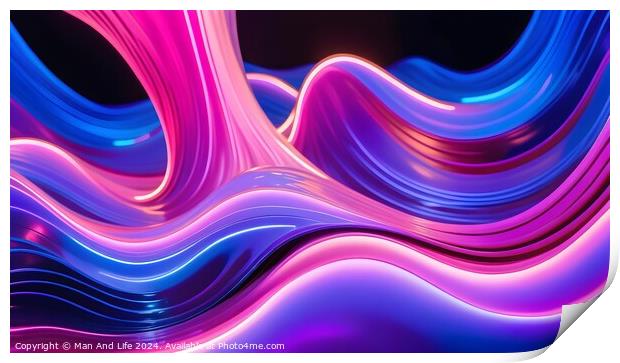 Abstract digital art with flowing pink and blue neon waves on a dark background, suitable for modern design backgrounds or wallpapers. Print by Man And Life