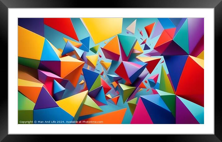 Vibrant geometric paper art with a colorful abstract design, suitable for creative backgrounds or patterns. Framed Mounted Print by Man And Life