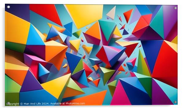 Vibrant geometric paper art with a colorful abstract design, suitable for creative backgrounds or patterns. Acrylic by Man And Life