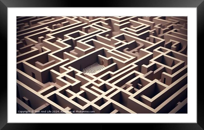 Complex wooden maze with a solution path leading to the center. Concept of challenge, strategy, and problem-solving. Framed Mounted Print by Man And Life