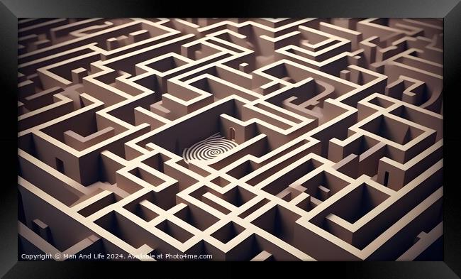 Complex wooden maze with a solution path leading to the center. Concept of challenge, strategy, and problem-solving. Framed Print by Man And Life