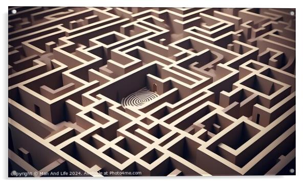 Complex wooden maze with a solution path leading to the center. Concept of challenge, strategy, and problem-solving. Acrylic by Man And Life