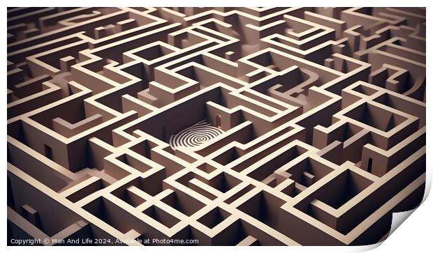 Complex wooden maze with a solution path leading to the center. Concept of challenge, strategy, and problem-solving. Print by Man And Life
