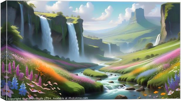 Fantasy landscape with vibrant waterfalls, river, and colorful flora under a bright, sunny sky. Canvas Print by Man And Life