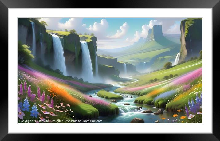 Fantasy landscape with vibrant waterfalls, river, and colorful flora under a bright, sunny sky. Framed Mounted Print by Man And Life