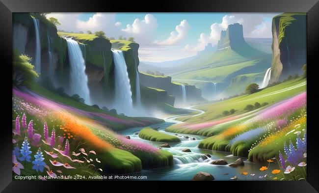 Fantasy landscape with vibrant waterfalls, river, and colorful flora under a bright, sunny sky. Framed Print by Man And Life