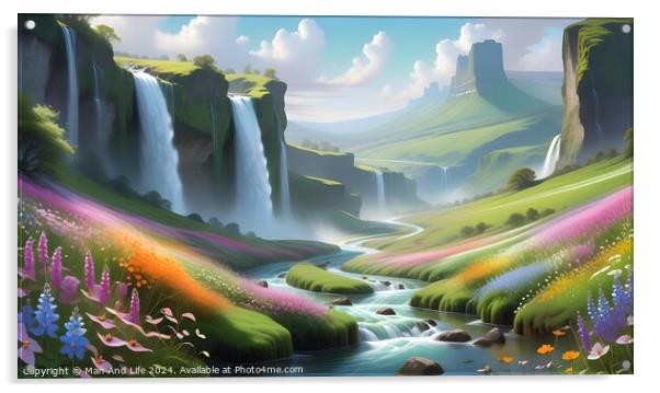 Fantasy landscape with vibrant waterfalls, river, and colorful flora under a bright, sunny sky. Acrylic by Man And Life